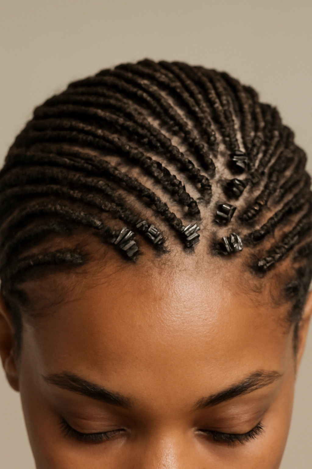 Dense micro braids along the scalp secured with small clips