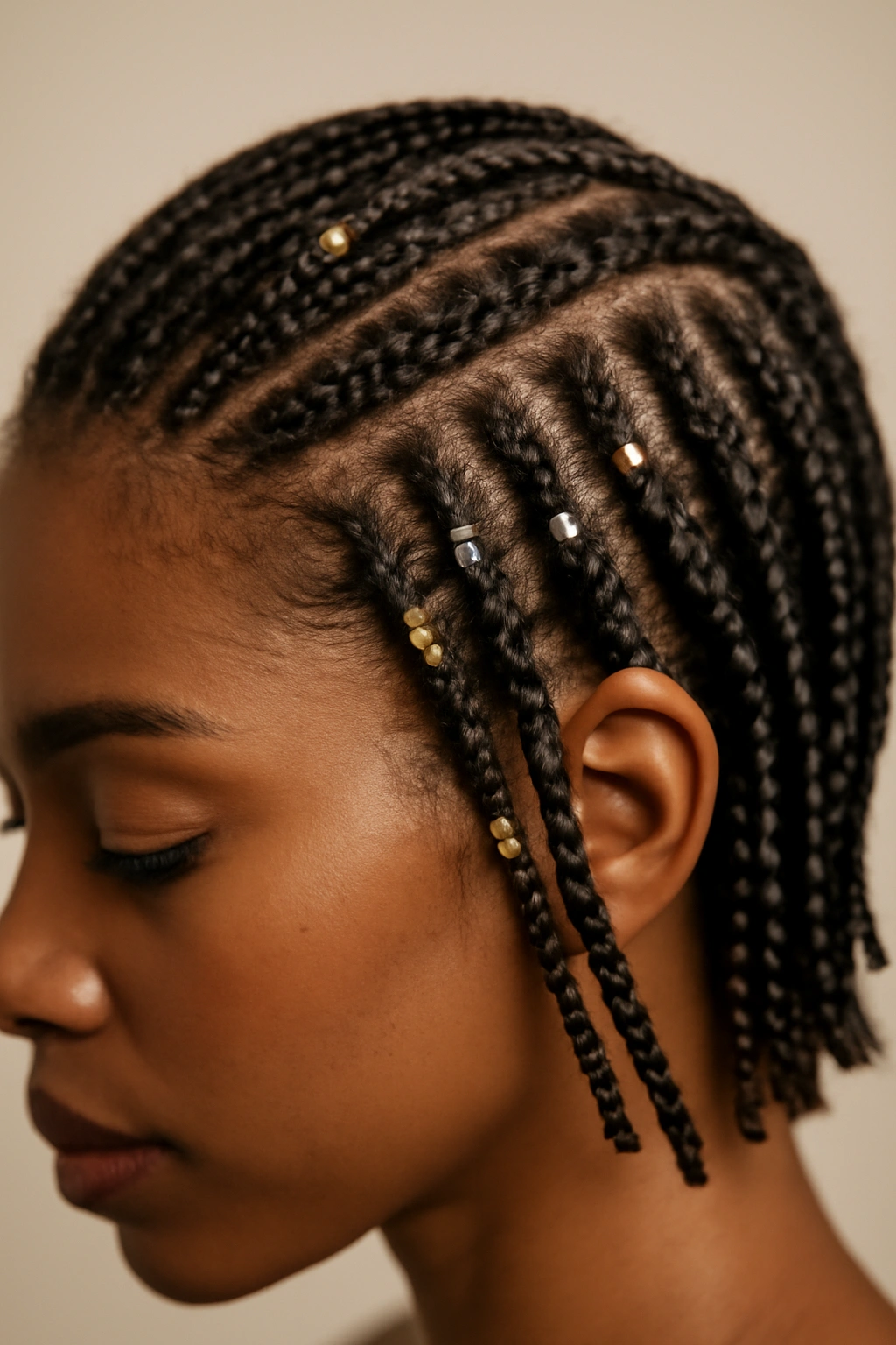 Close-up of micro braids with metallic cuffs catching light