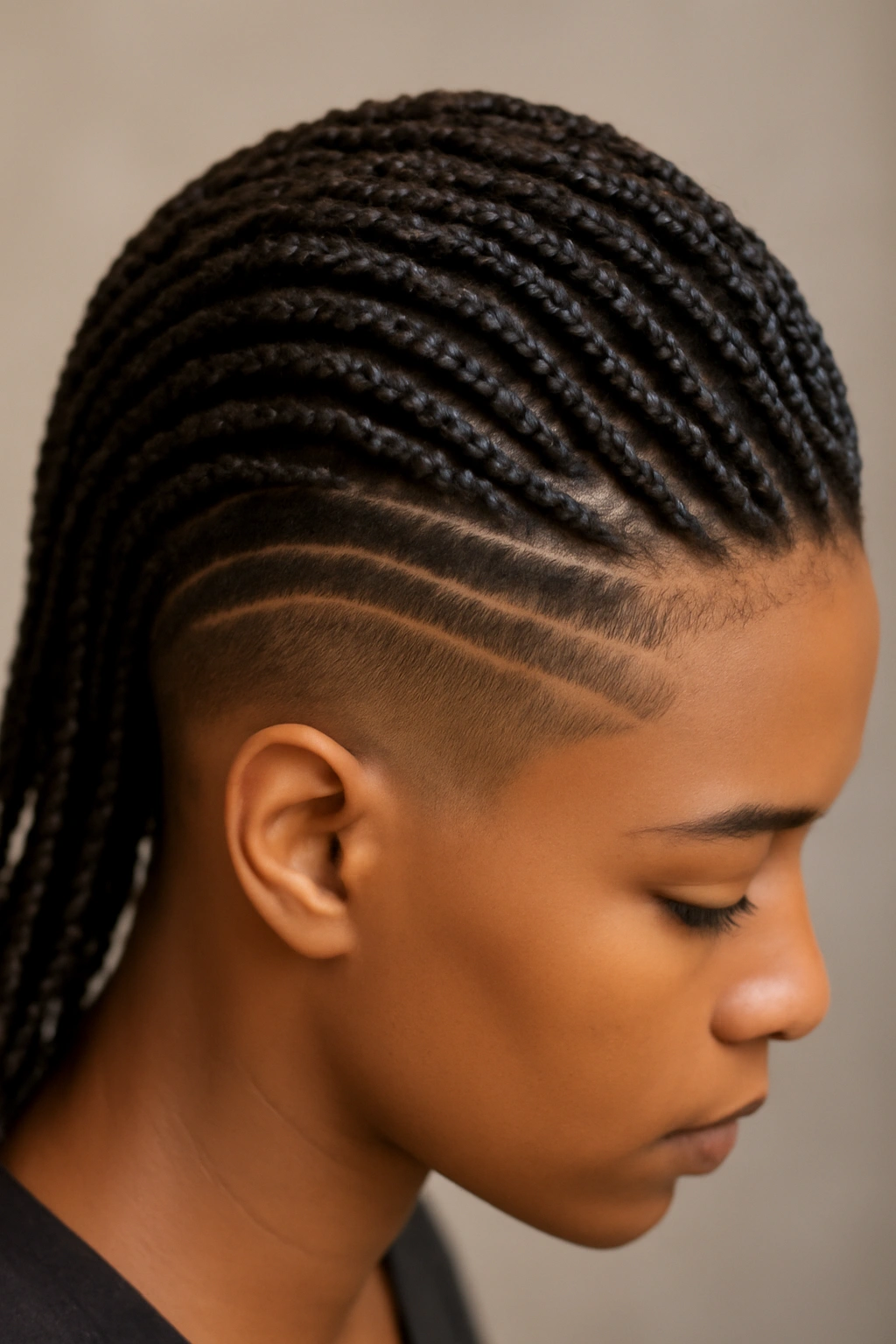 Dense micro braids with geometric fade on shaved sides