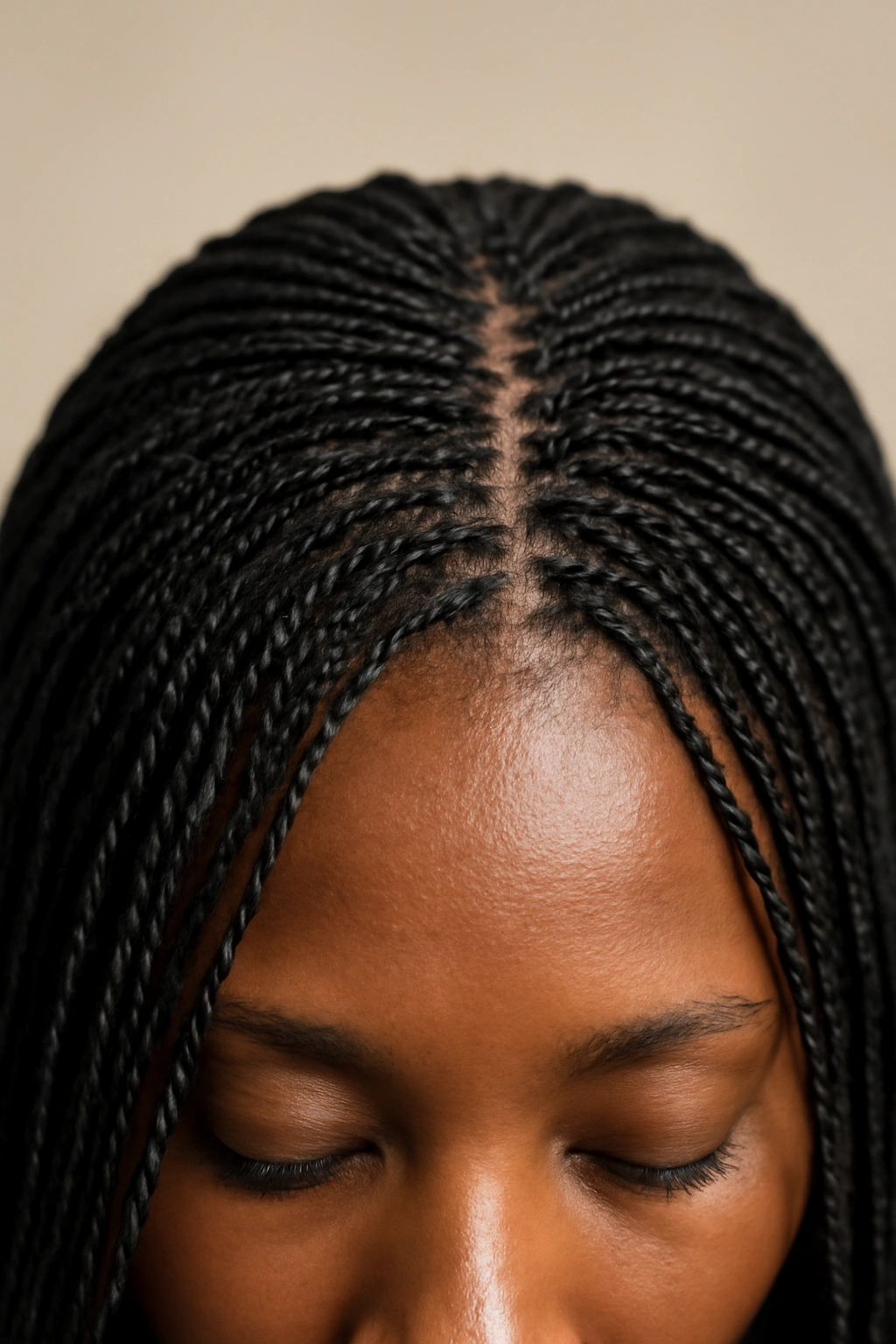 15 Natural Braid Styles Black Women Are Wearing Now 10 Close-up of dense micro braids across the scalp