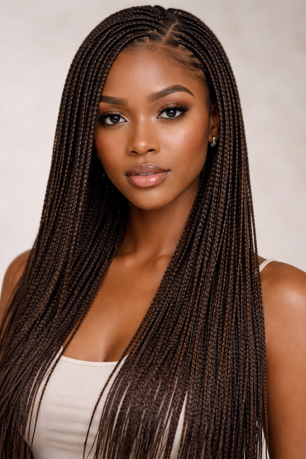 Close-up of a head with micro braids covering the scalp.
