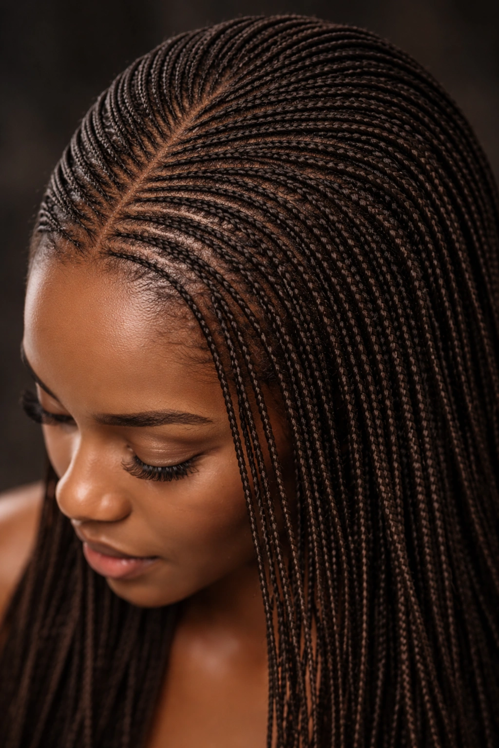 Close-up of micro braids forming a lace-like texture on the scalp