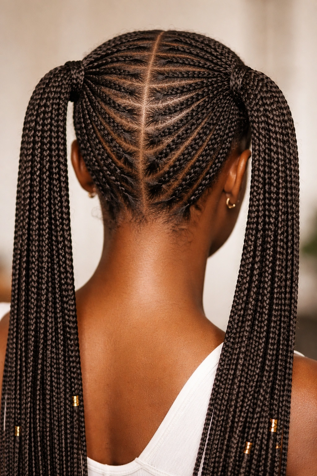 Close-up of micro braids forming pigtails on the scalp