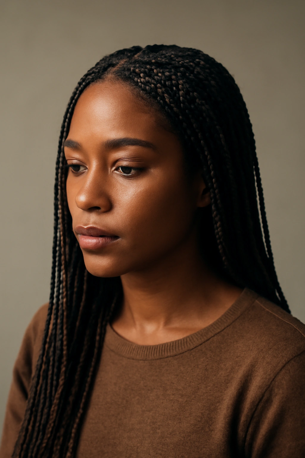 15 Micro Braid Styles for Short, Medium, or Long Hair 16 Portrait of person with micro braids and calm expression
