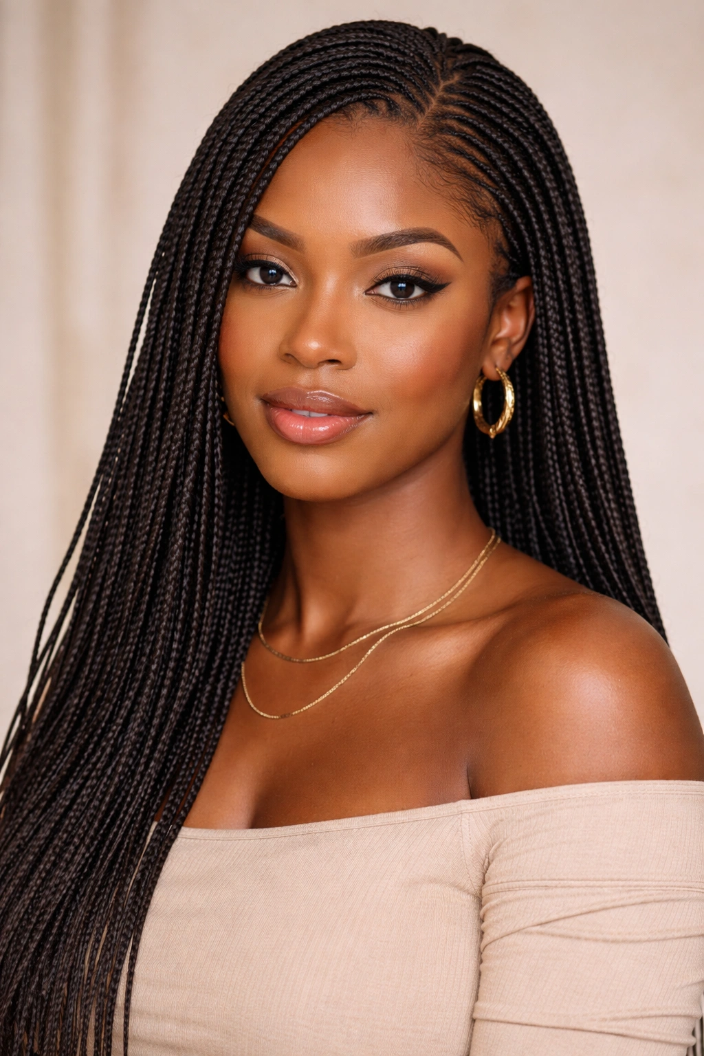 Close-up of a Black woman with micro braids showing thin, intricate braids