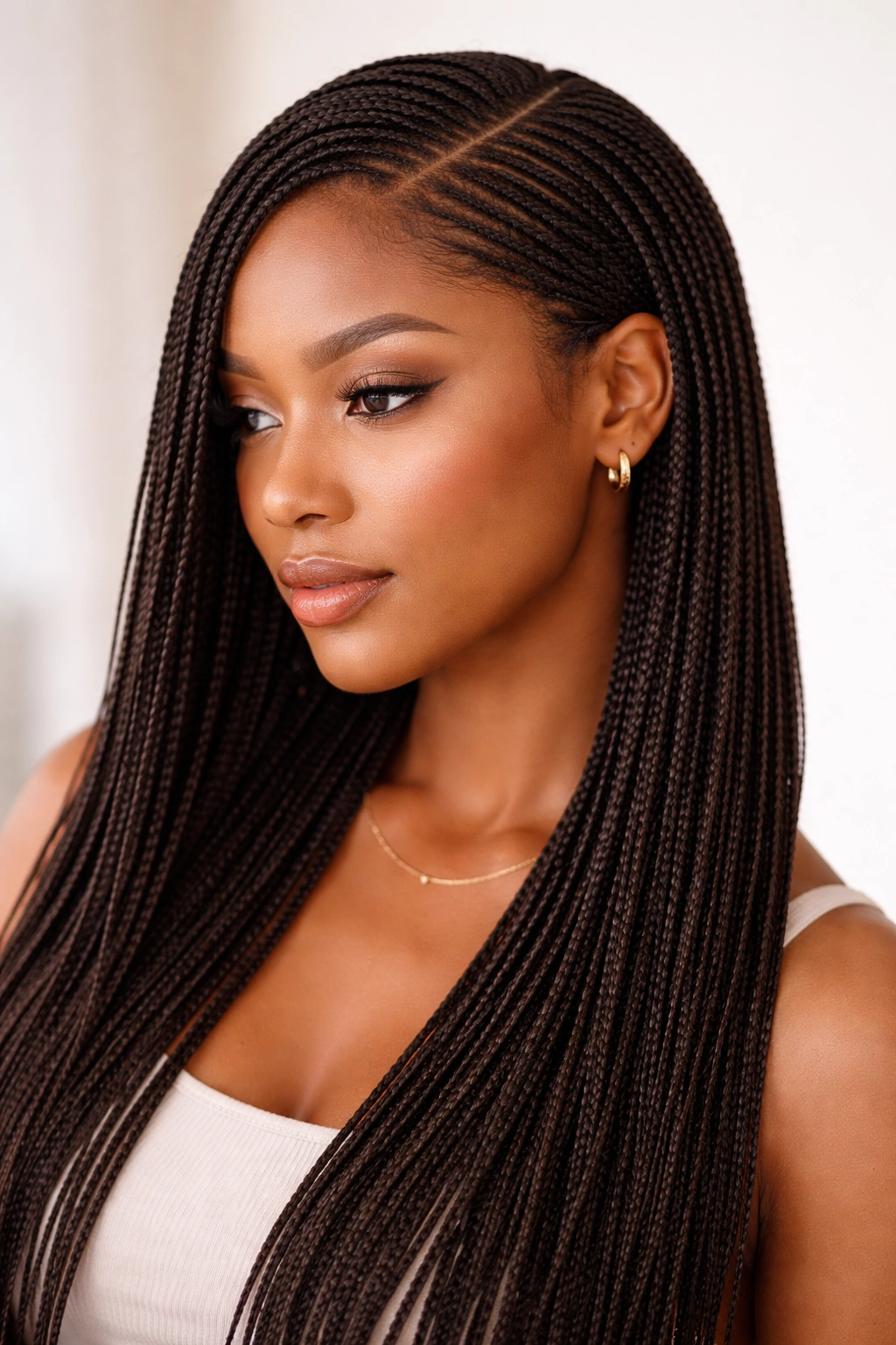 Head full of tiny micro braids with a defined side part