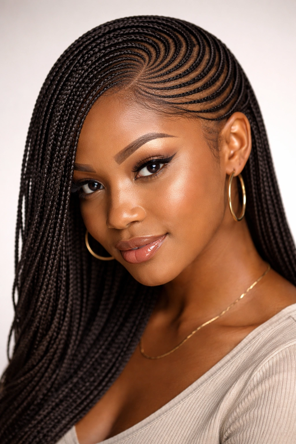 Close-up of ultra-thin micro braids spiraling around a side-part in studio lighting