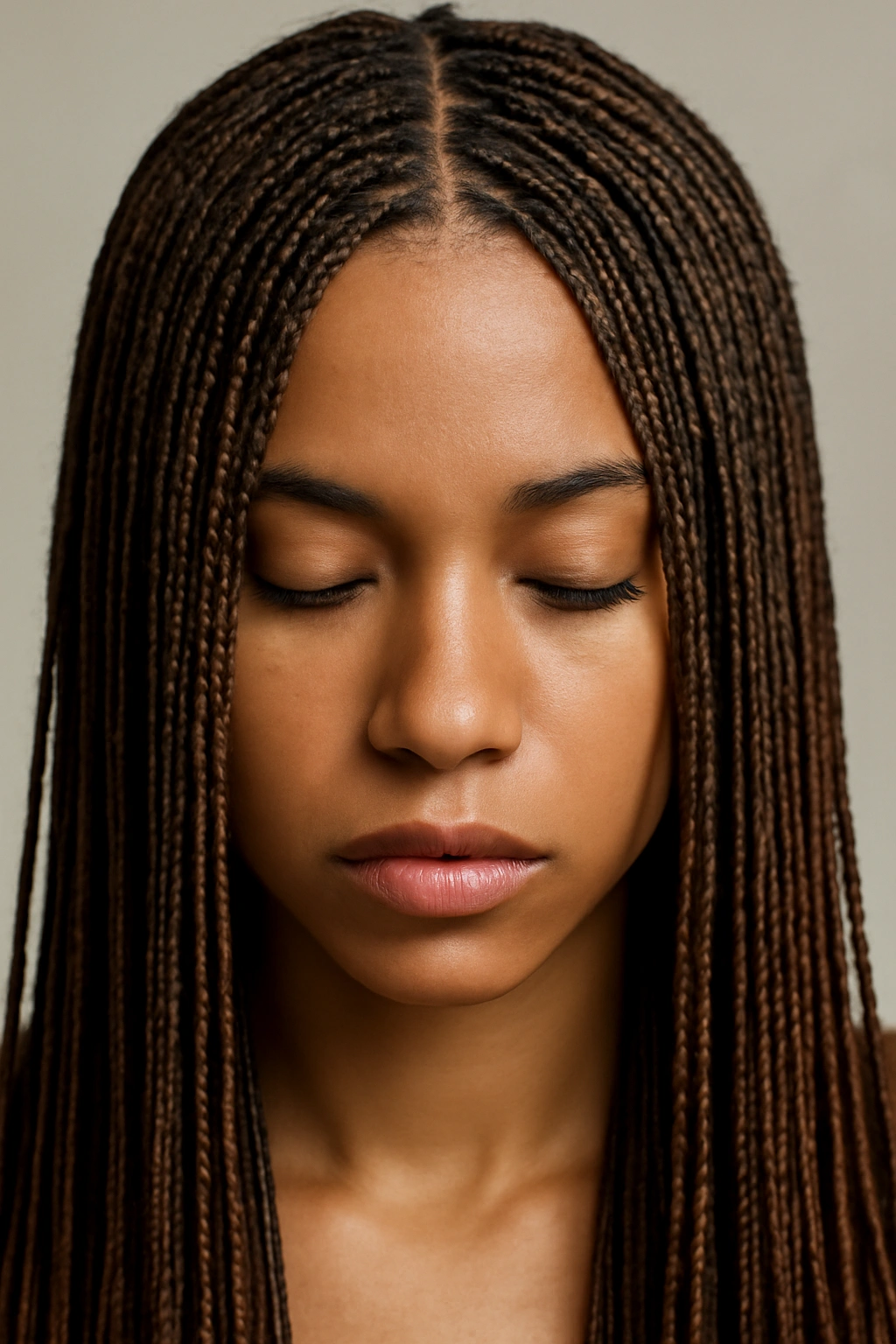 Close-up of dozens of ultra-thin micro braids on a head showing crisp geometric texture