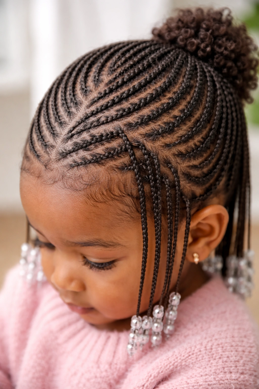 Close-up of micro braids on a Black toddler's head with lace-like pattern