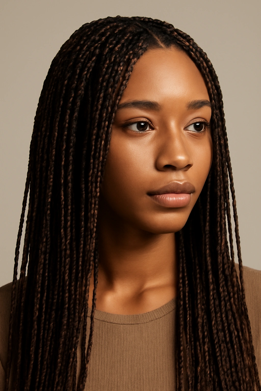Portrait of micro braids with varied lengths to illustrate customization