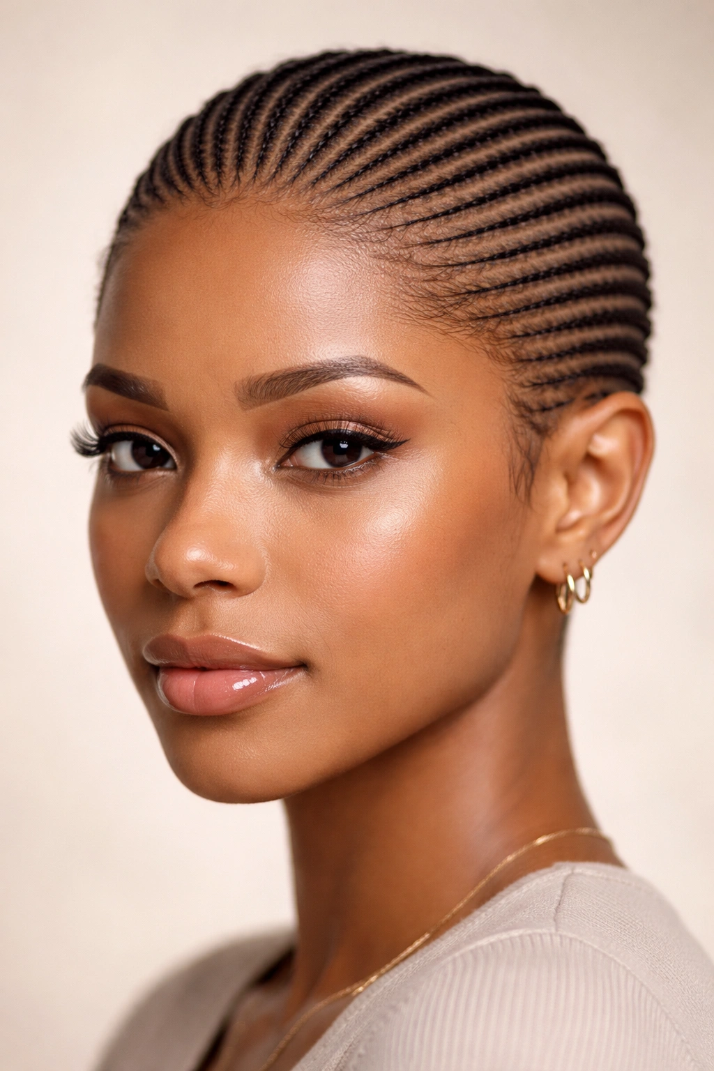 Ultra-thin micro cornrows across scalp on short hair.