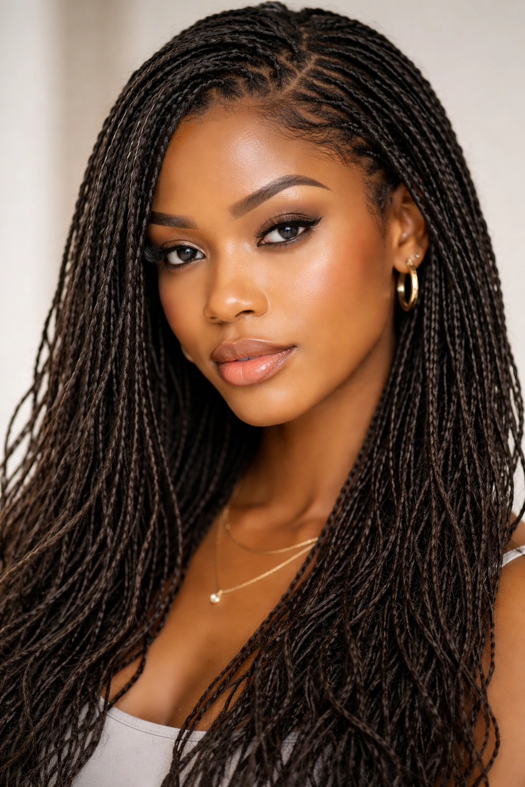 Close-up of ultra-thin micro faux locs showing intricate texture