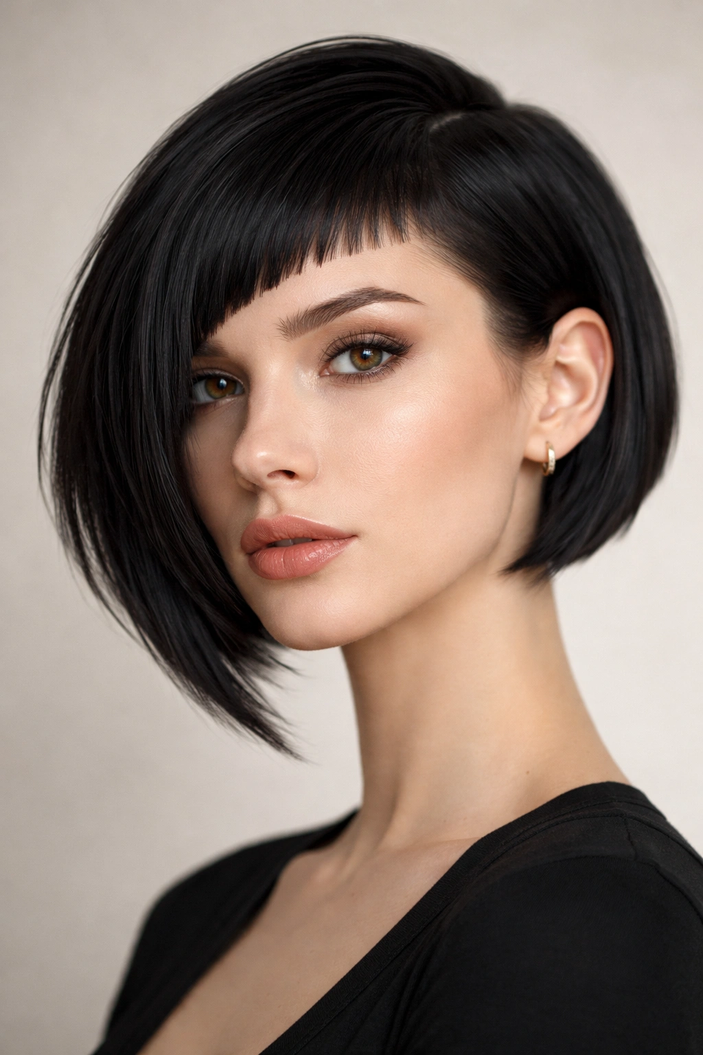 Portrait of micro fringe asymmetrical bob with uneven fringe and long side