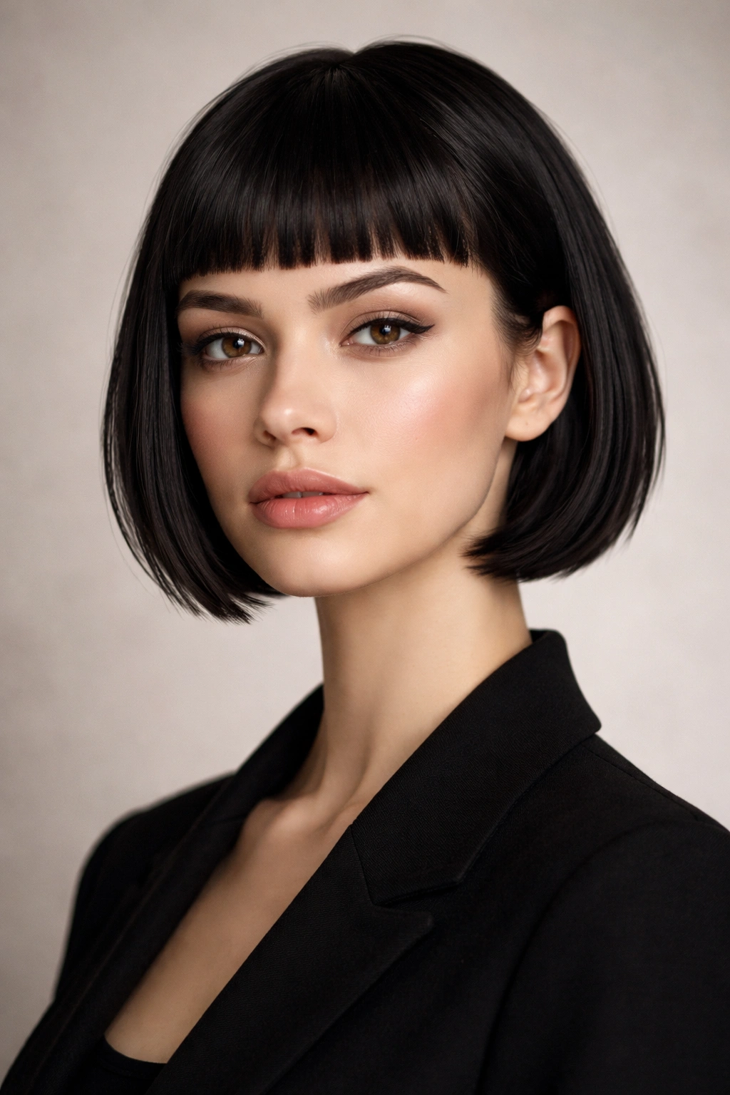 Close-up of micro fringe and precision-layered bob on straight hair in studio lighting