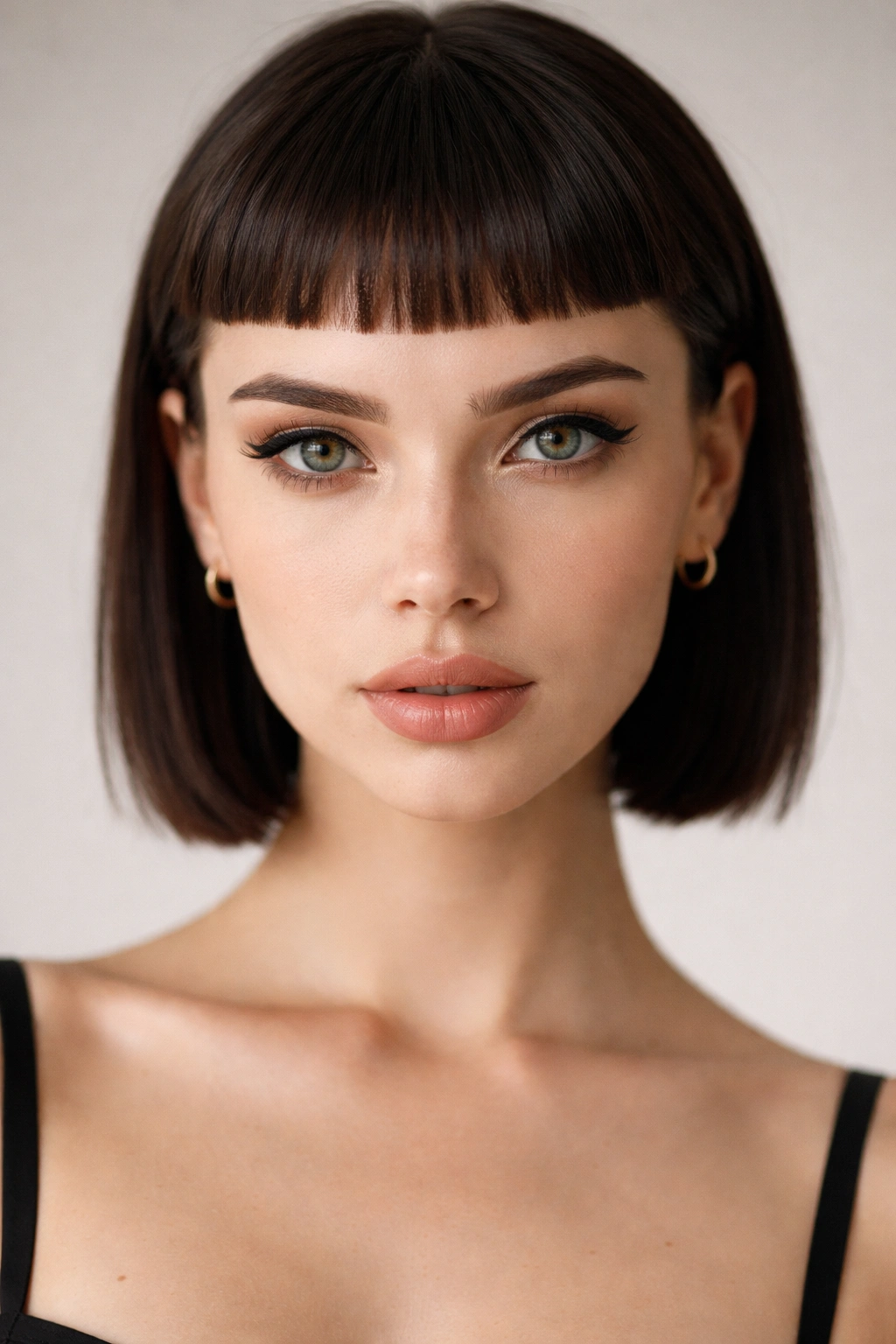 25 Haircut Styles Trending For Women This Season 6 Portrait of a model with a micro fringe highlighting ultra-short blunt bangs.