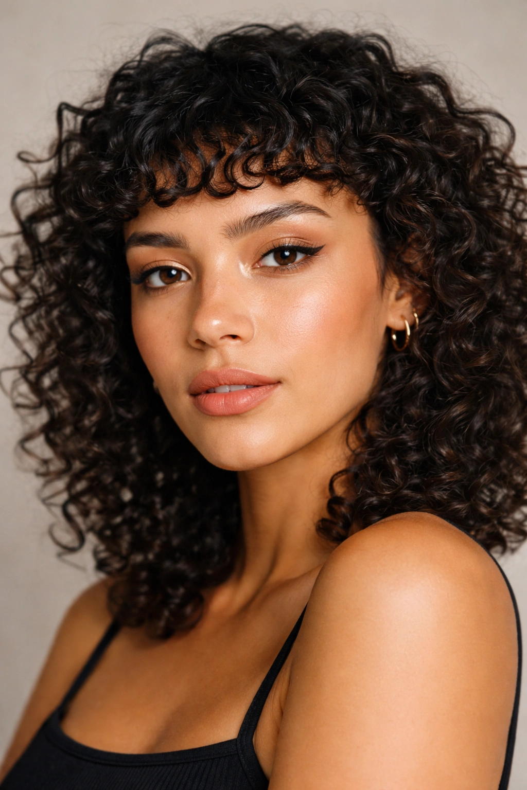 Close-up portrait showing micro fringe sitting above the eyebrows