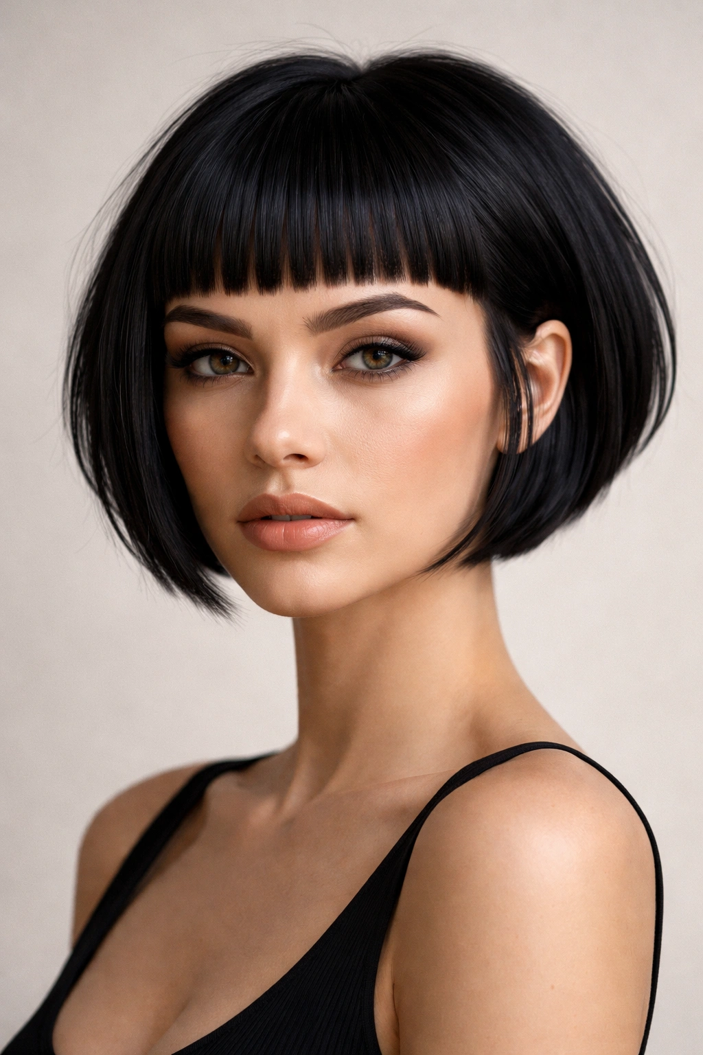 Model with micro fringe stacked bob featuring a blunt fringe just above eyebrows