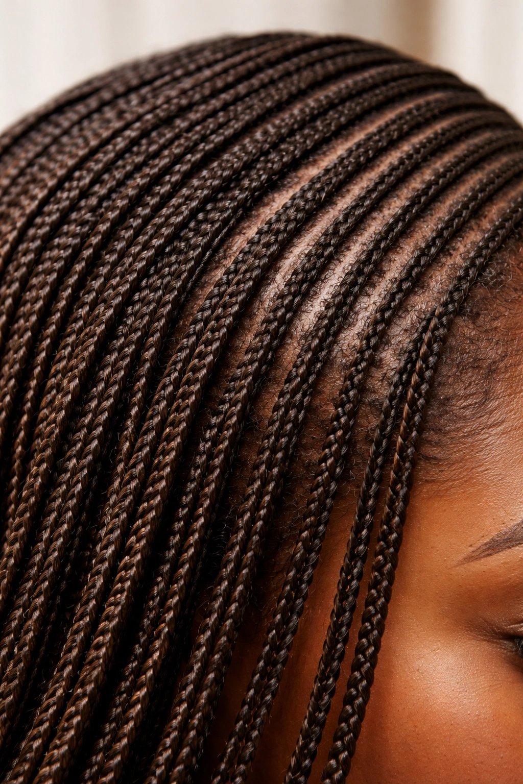 Macro shot of micro knotless braids with intricate detailing