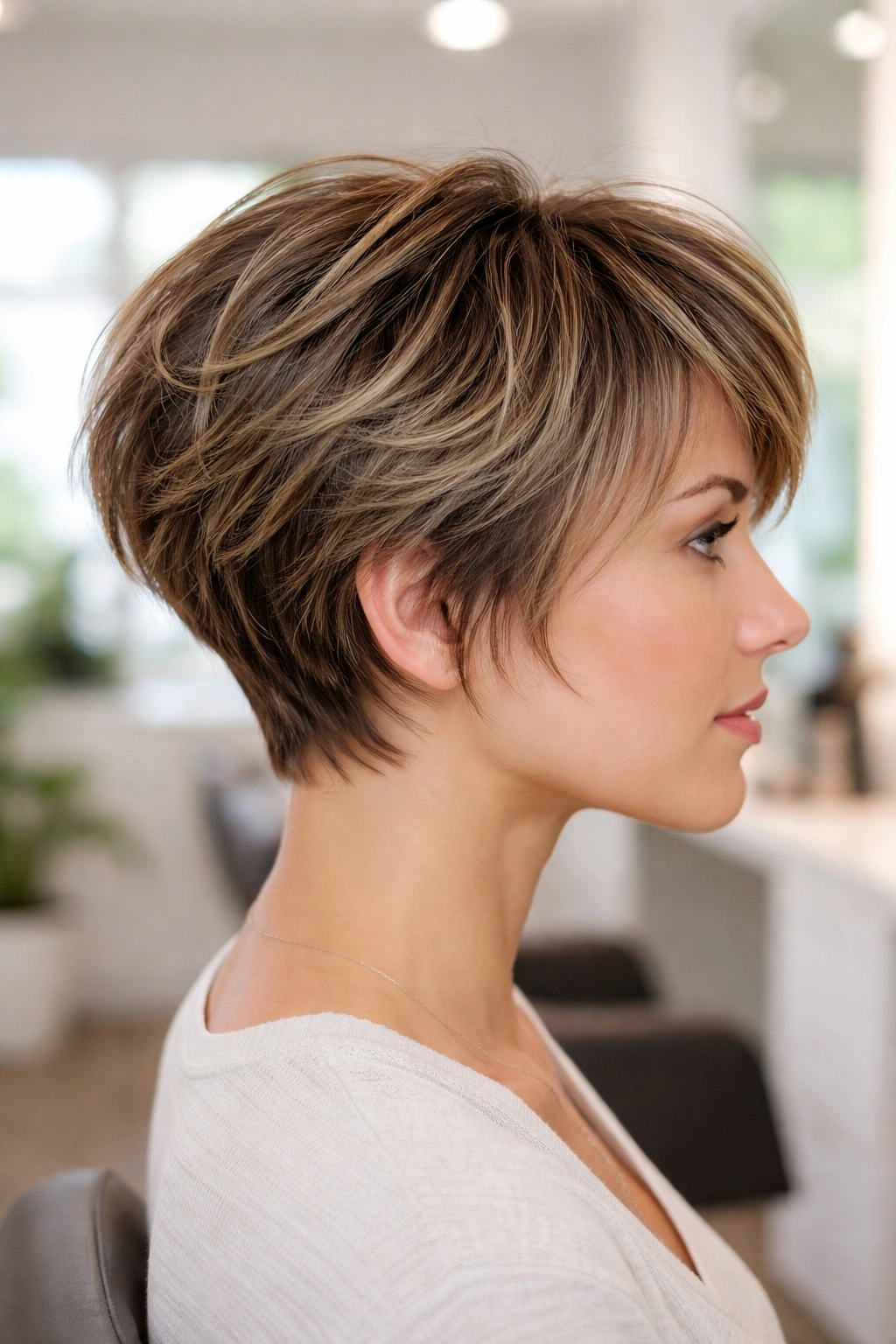18 Layered Bobs Built For Natural Movement 2 Short pixie-bob with micro-layers and elevated crown in a salon setting.