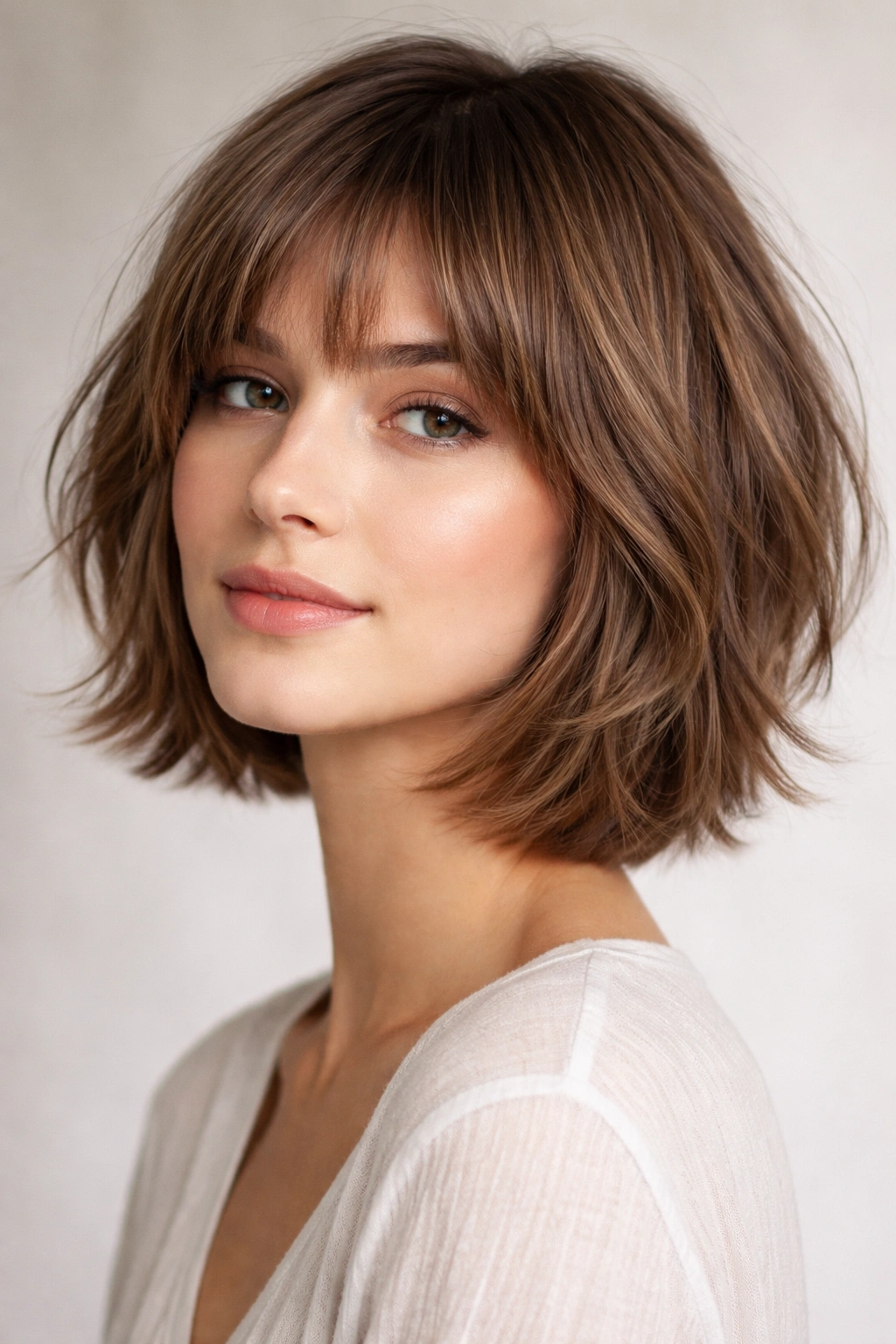 Close-up of a head with a micro-layered bob showing subtle movement and refined texture in soft studio lighting