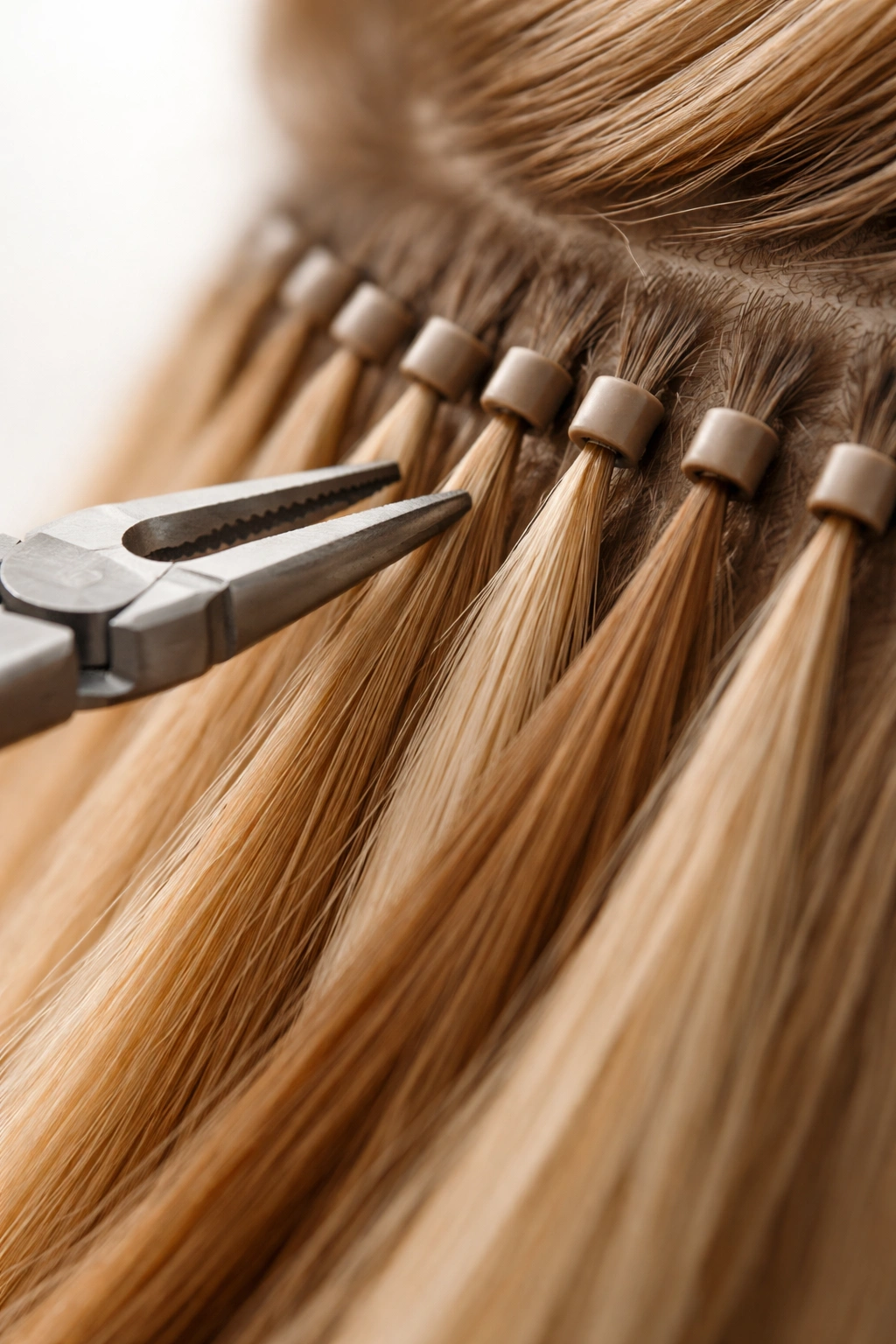 Macro shot of micro-link beads clamping a hair strand with extension