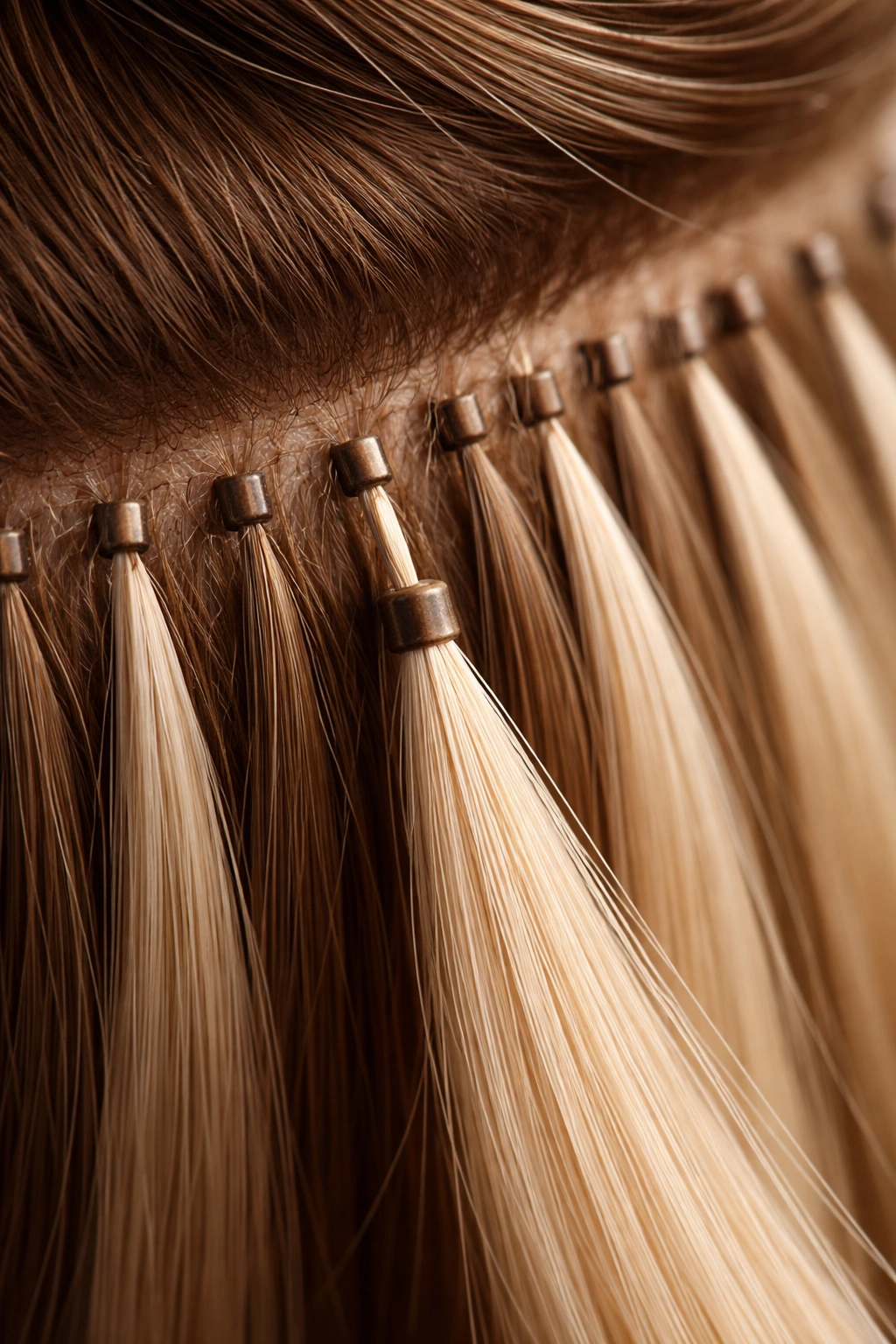 Micro-link bead on hair strand close-up