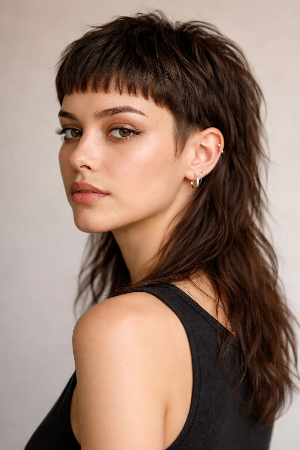 20 Flattering Mullet Cuts Women Are Requesting 7 Close-up of a woman with a micro mullet showing very short front and sides with a shoulder-length back