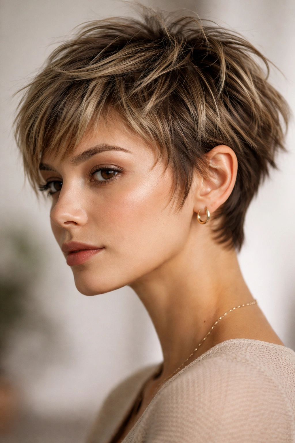 Close-up of a person with a micro-pixie bob showing shaggy texture and choppy layers