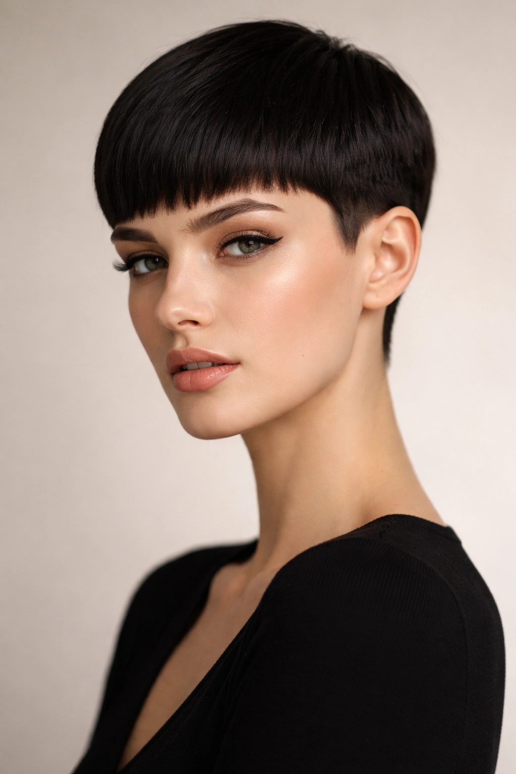 20 Really Short Haircuts Anyone Can Pull Off 19 Close-up of a sleek blunt micro pixie with clean, architectural lines.