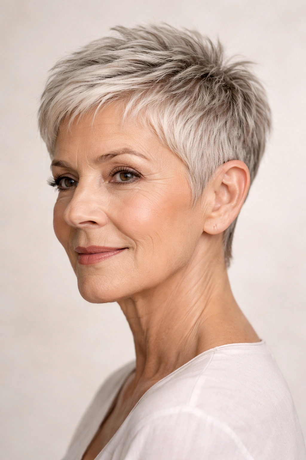 Close-up of a woman with a micro pixie haircut featuring tapered sides and crown texture