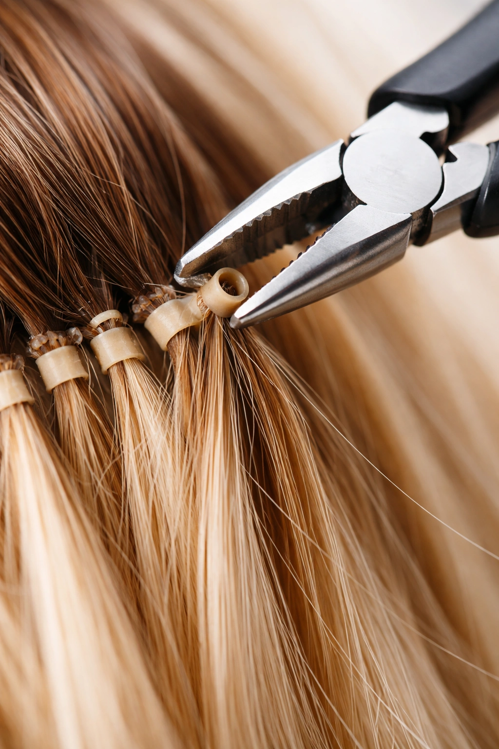 Close-up of a micro-ring being opened with pliers on a hair strand.