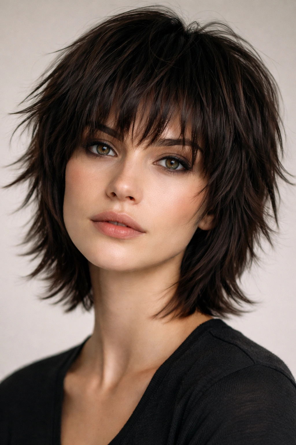 15 Medium Shag Haircuts For Straight Or Wavy Hair 15 Close-up of jawline-length micro shag with textured layers in studio lighting