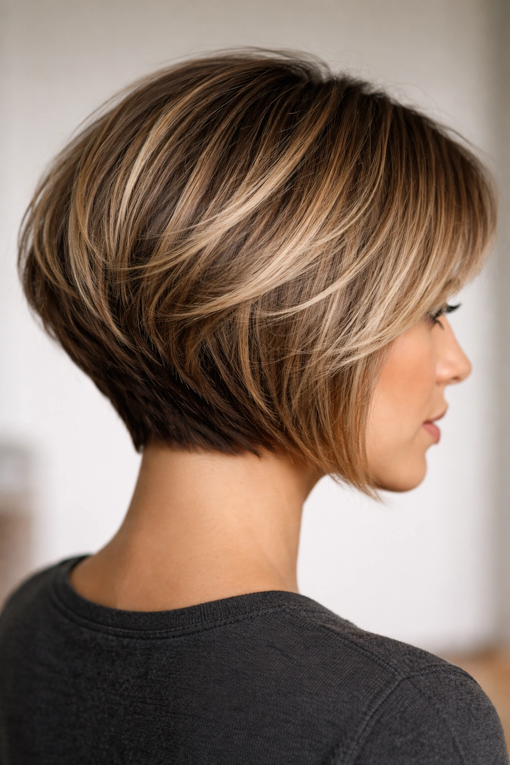 10 Short Inverted Bobs With Volume In The Back 8 Close-up of a micro-textured volume bob showing dense back texture.