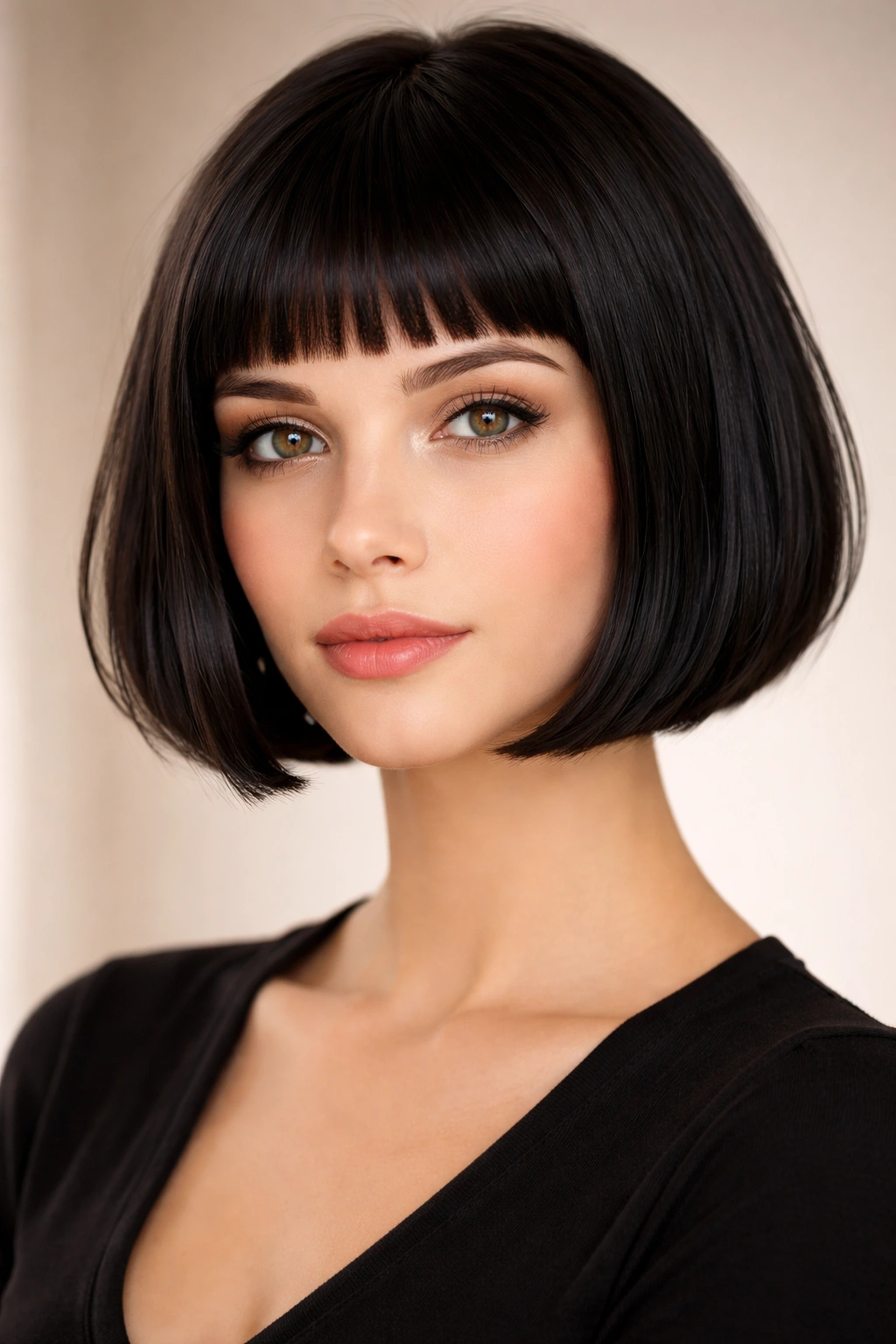 25 Short Haircuts Women Can T Stop Asking For 19 Close-up portrait of a person with a chin-length bob and microbangs framing the eyes.