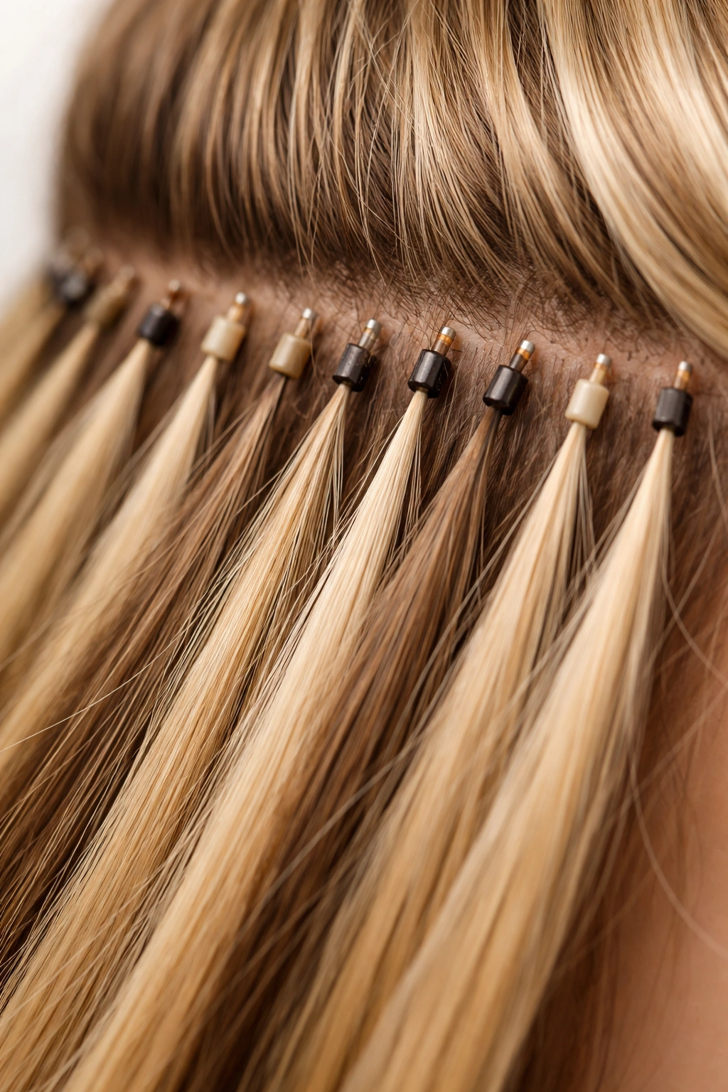 Close-up of microlink and nano-bead attachments on hair strands