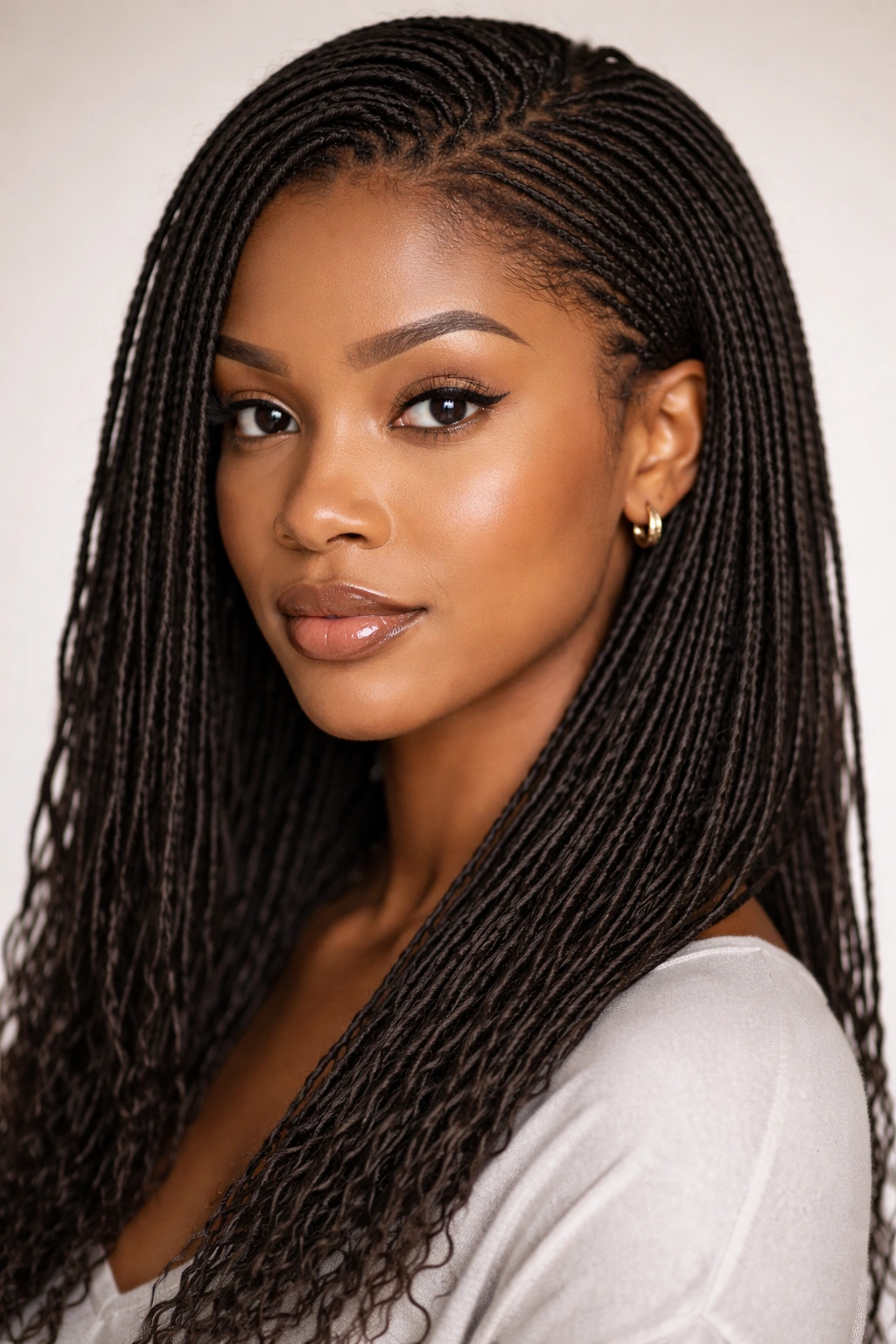 Close-up of a woman with microlocs showing dense, ultra-thin locs