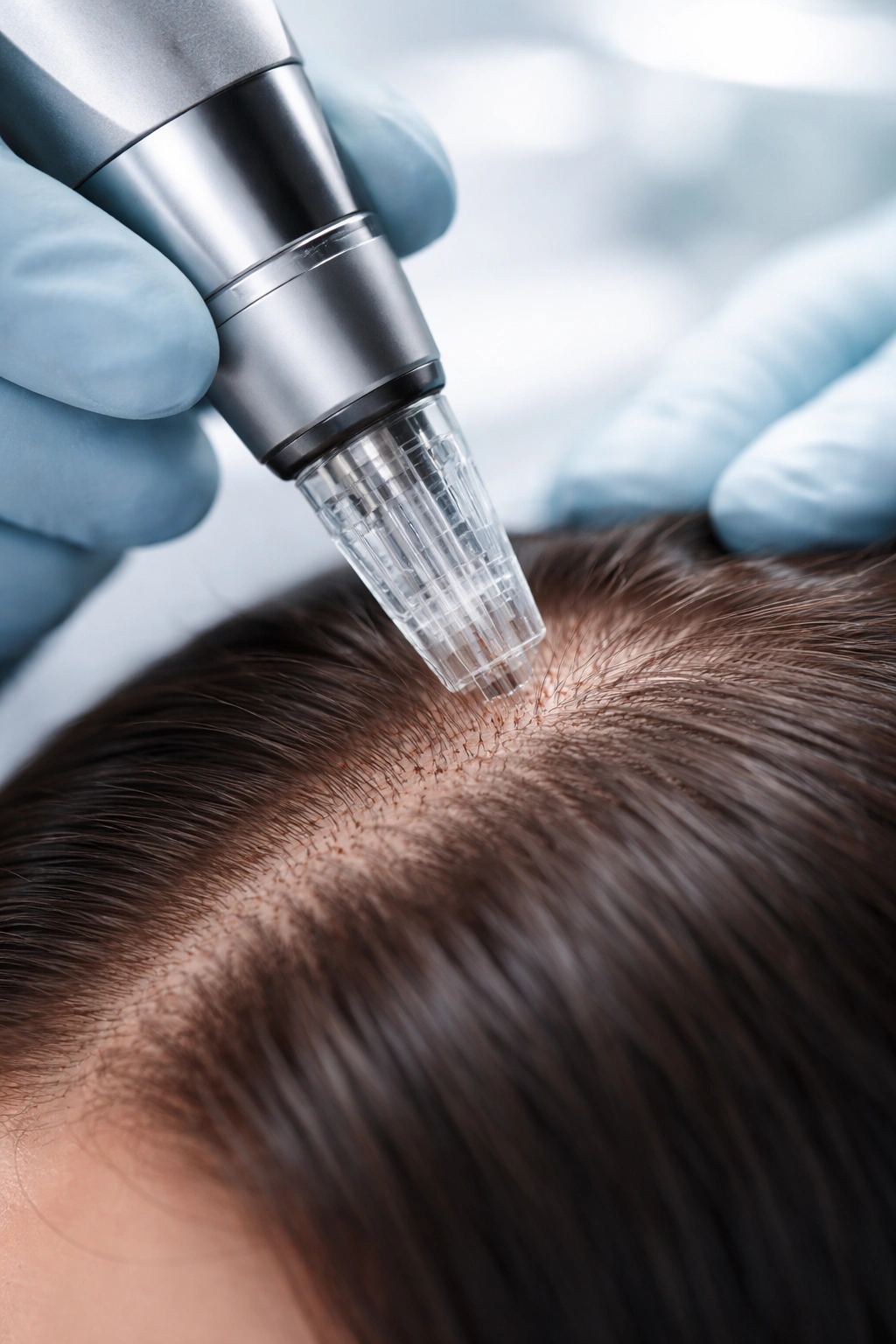 Dermapen on scalp showing microneedling treatment in progress