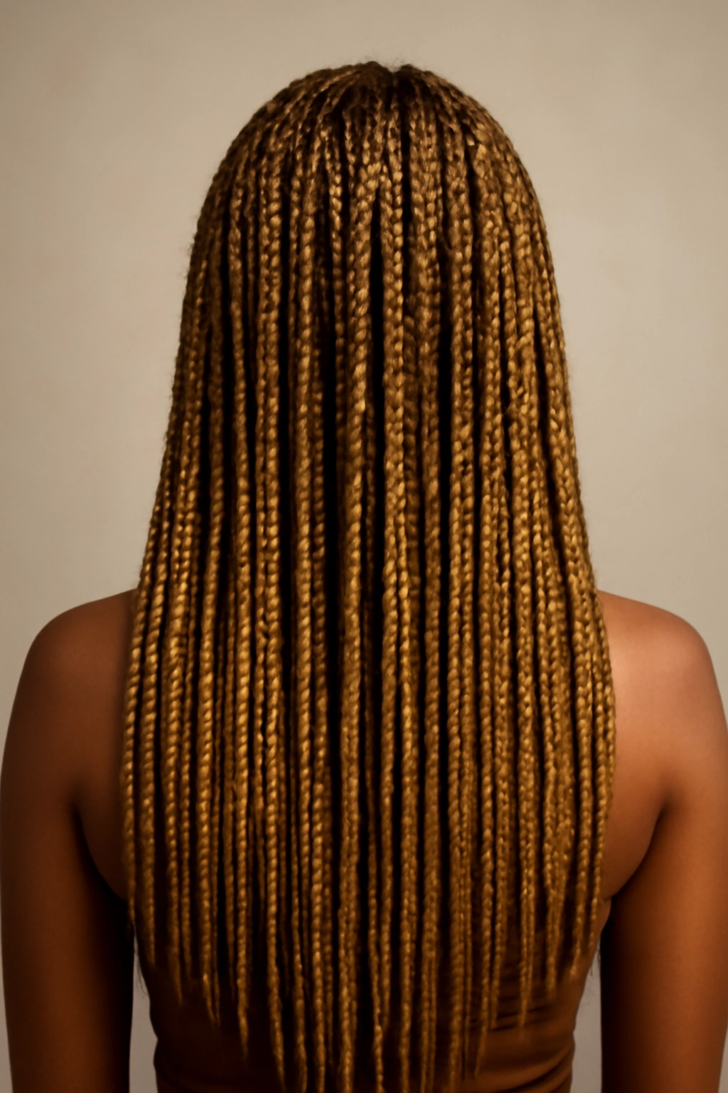 Close-up of mid-back length box braids in honey blonde and caramel tones.