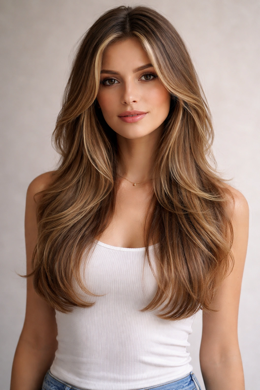 Mid-back length hair with face-framing layers showing movement and volume