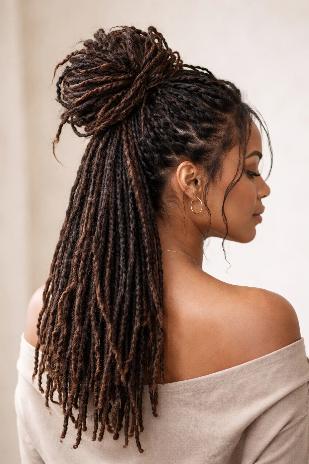 Mid-back locs styled in a high messy bun with loose strands