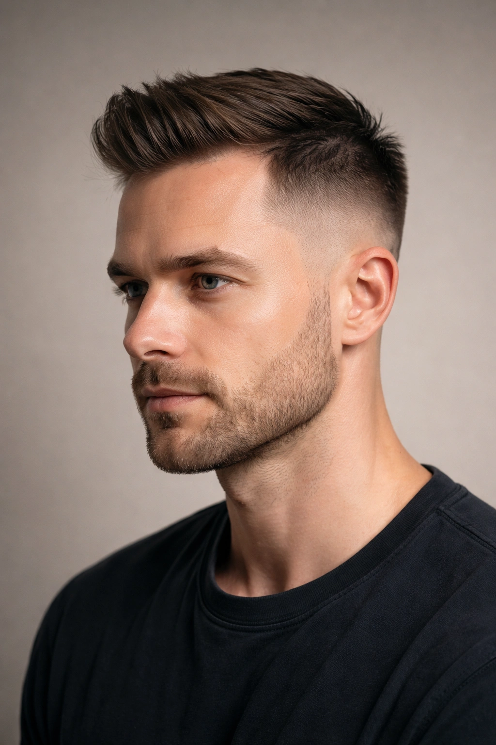 Close-up of a man showing a mid fade haircut with clean transition.