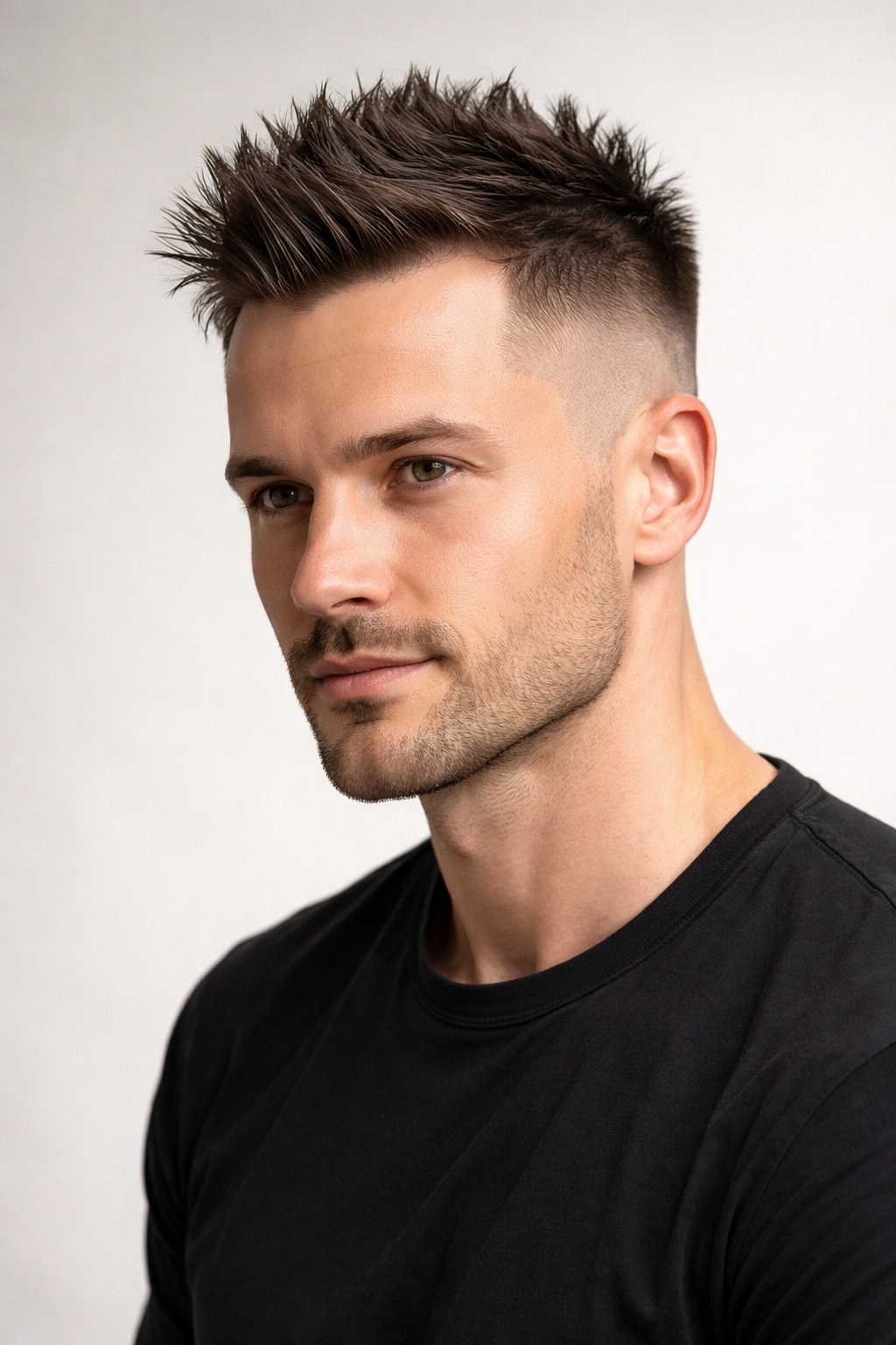 Man with mid fade and textured spiked hair in a studio portrait.