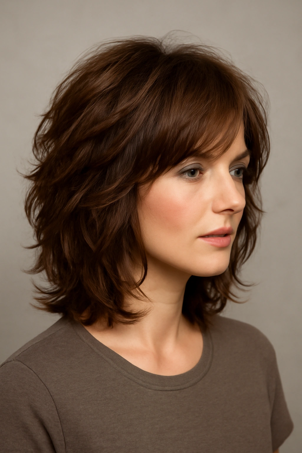 Portrait of a person with a heavily layered mid-length cut showing fullness