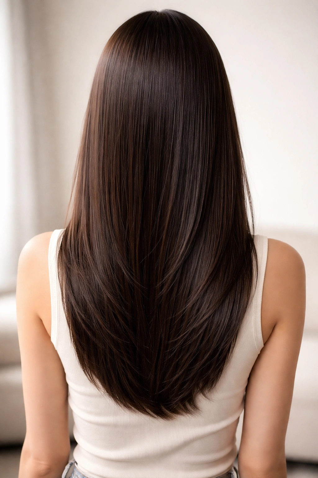 15 Sleek Medium Haircuts For Women With Straight Hair 2 Portrait of straight mid-back hair with subtle, barely-there layers