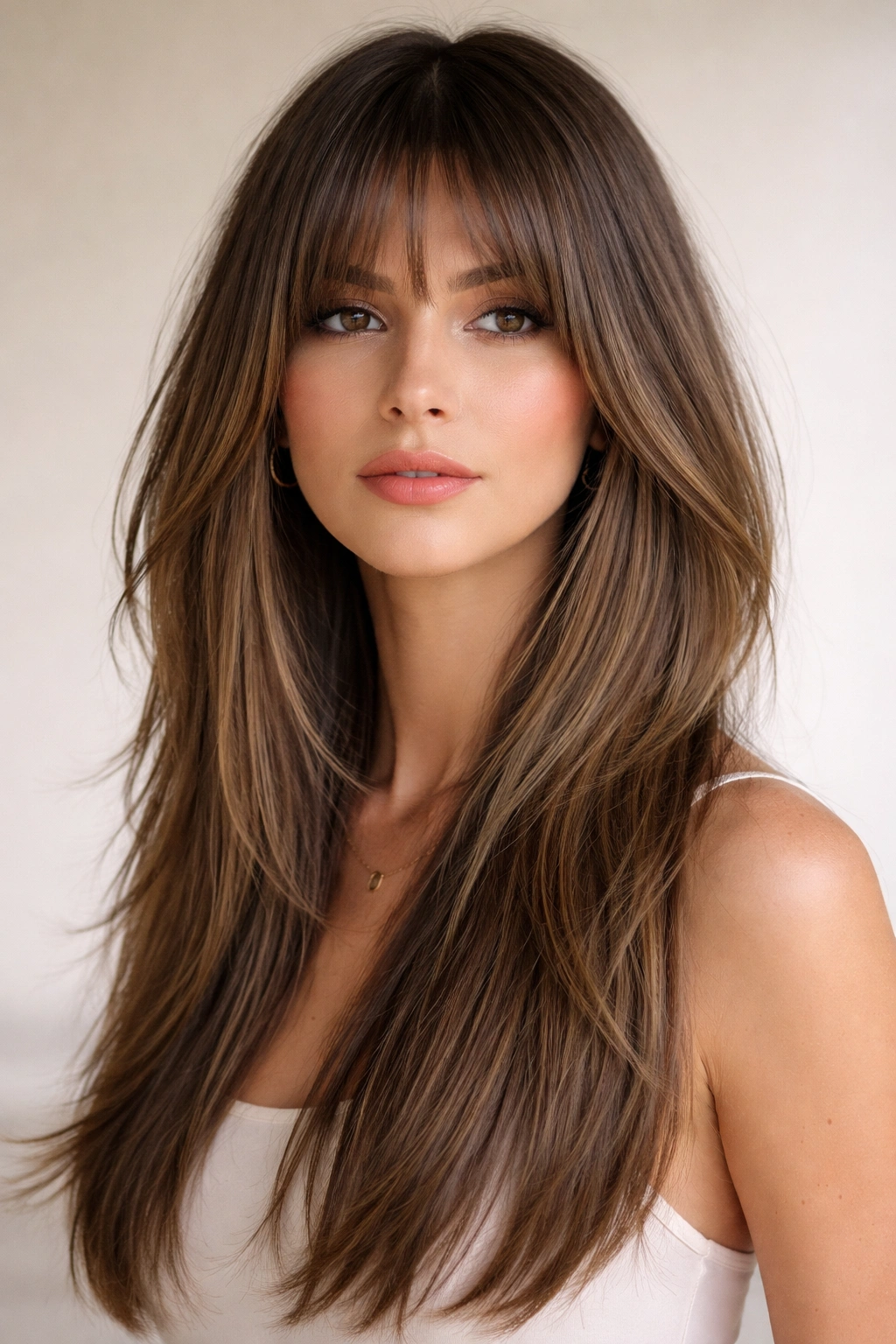 15 Sleek Medium Haircuts For Women With Straight Hair 7 Close-up of a mid-length shag with long face-framing bangs on straight hair