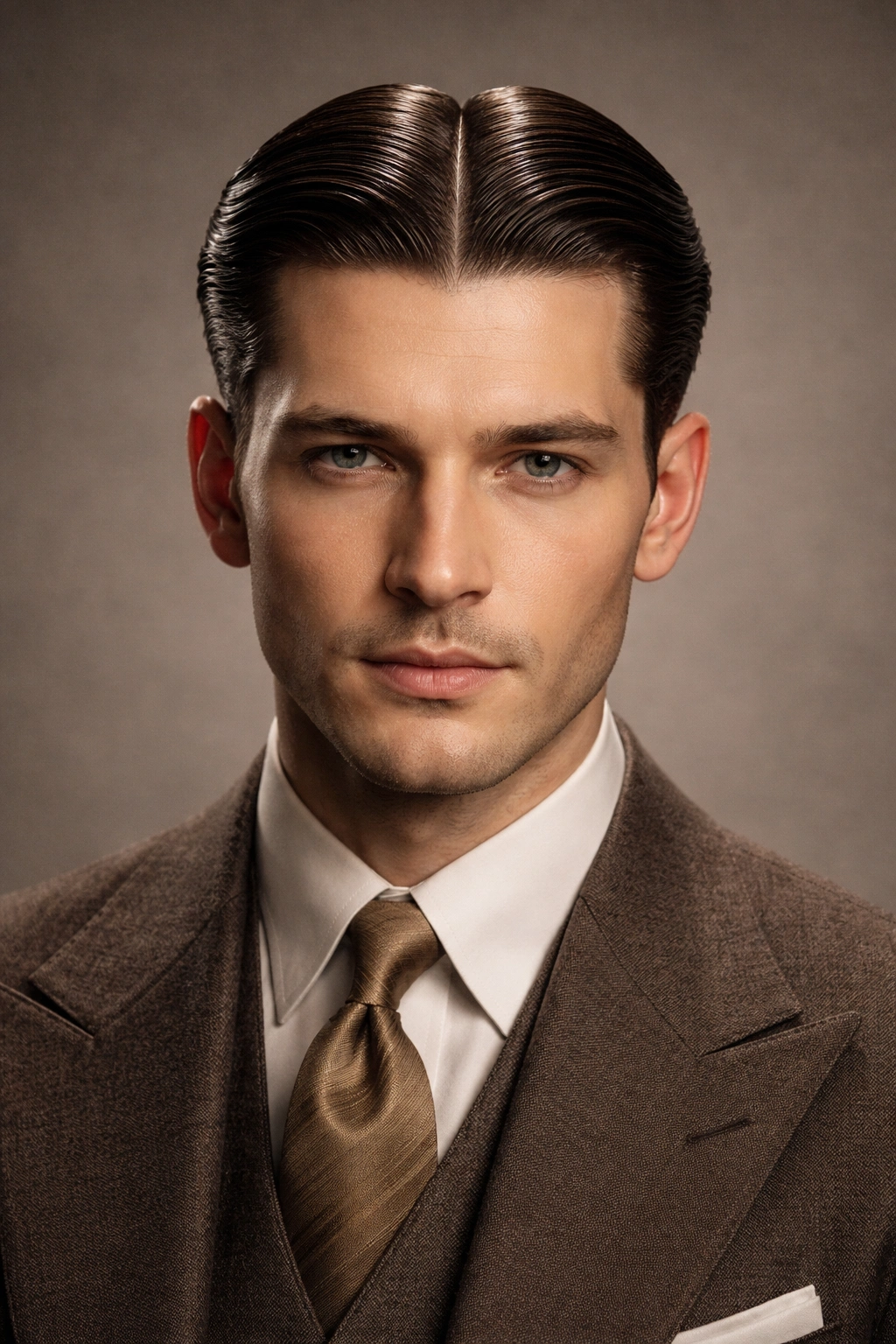 Male portrait with a precise middle part hairstyle, 1920s grooming
