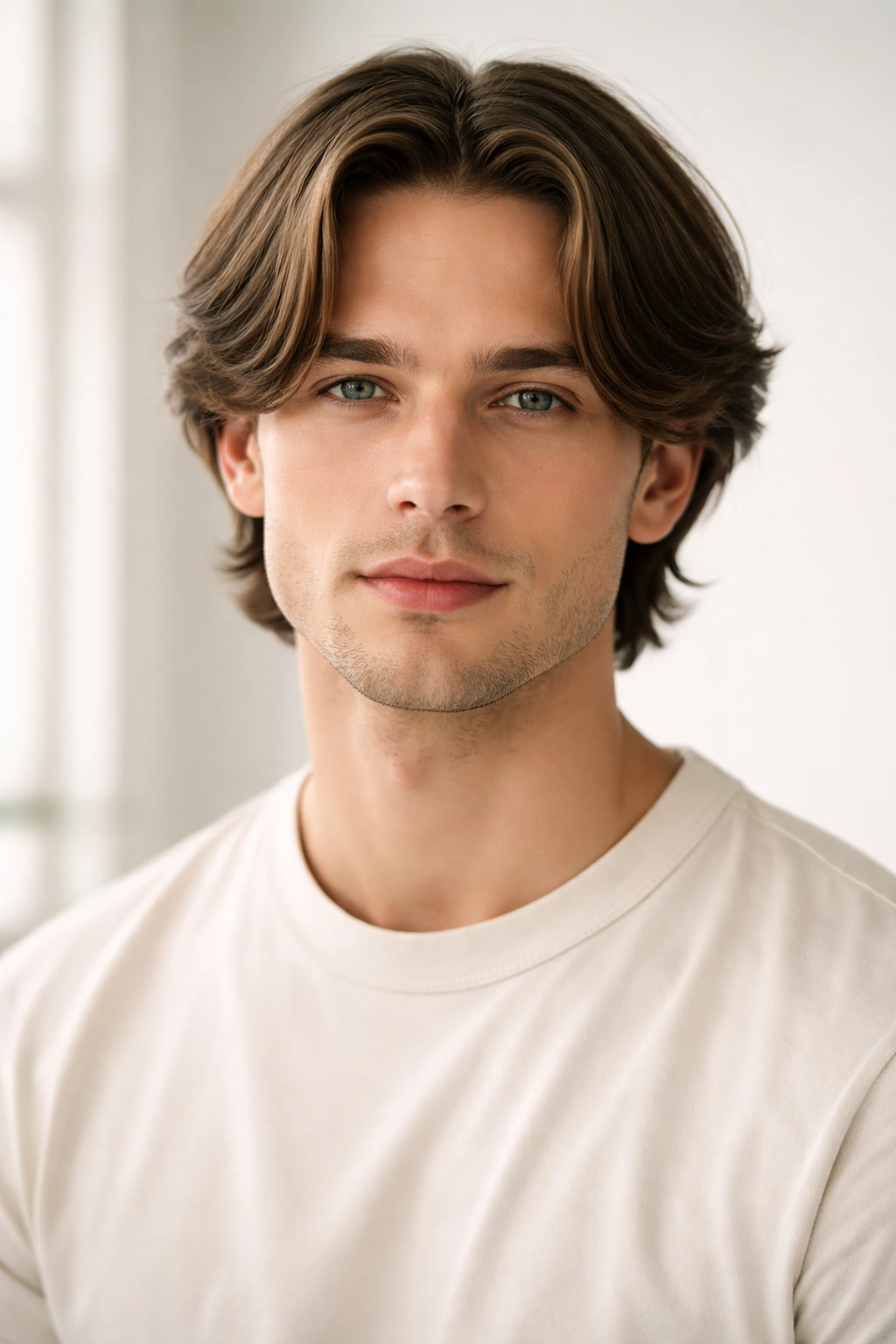 Middle-part curtain hairstyle framing the face with a center part.