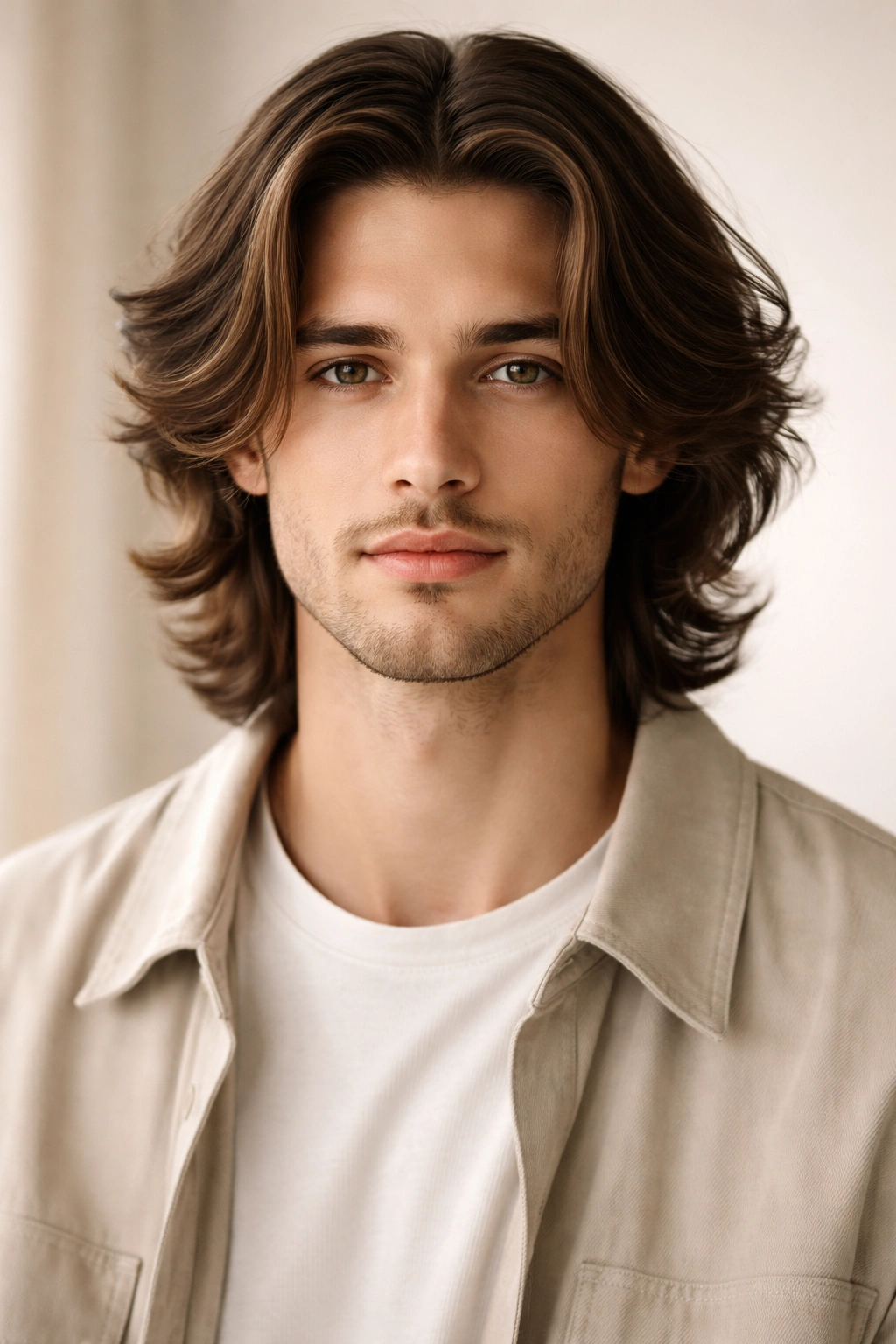 Portrait of a man with middle-part flow: center part, medium-long hair with gentle waves framing the face.