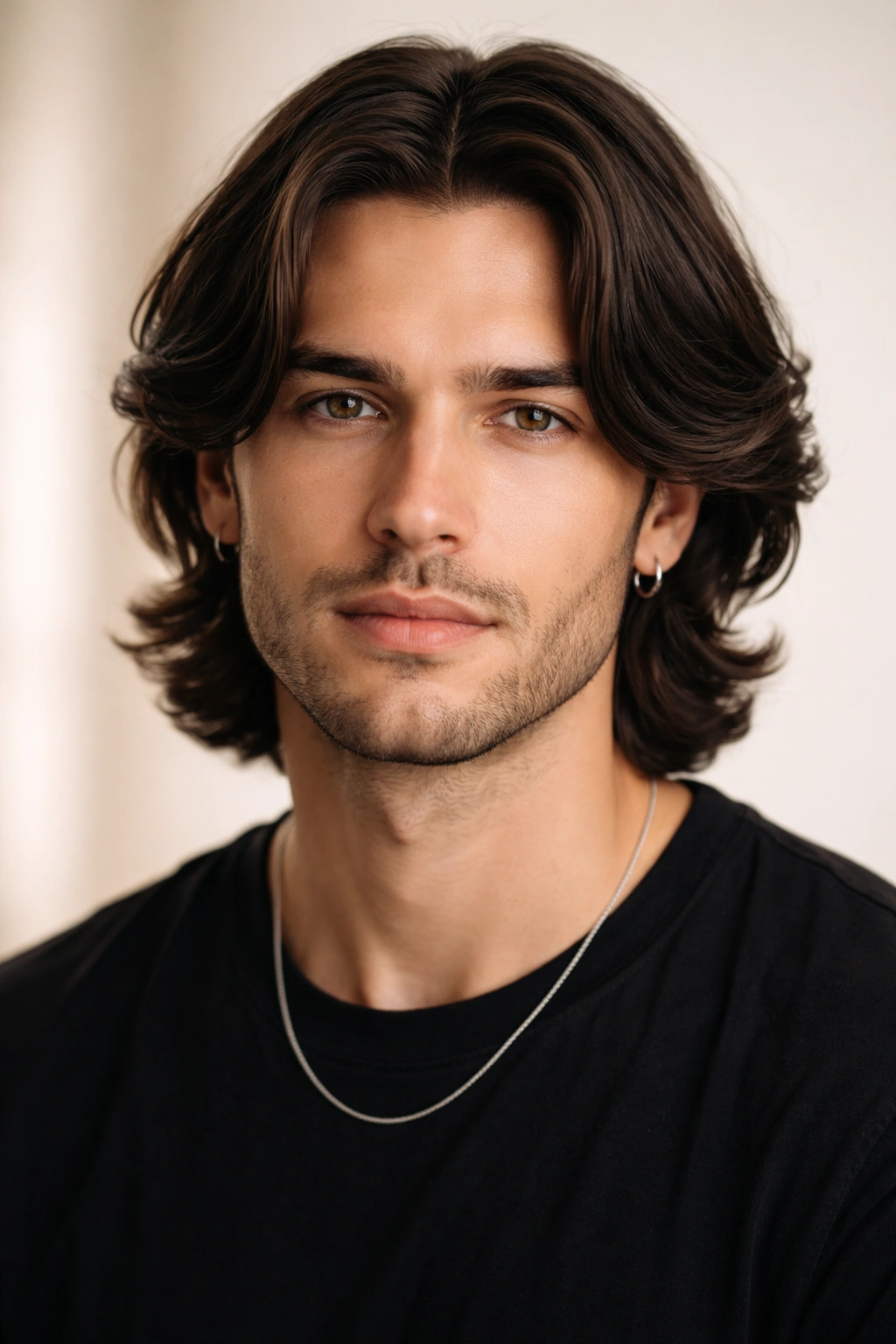 Head portrait with a center-parted hairstyle and flowing waves