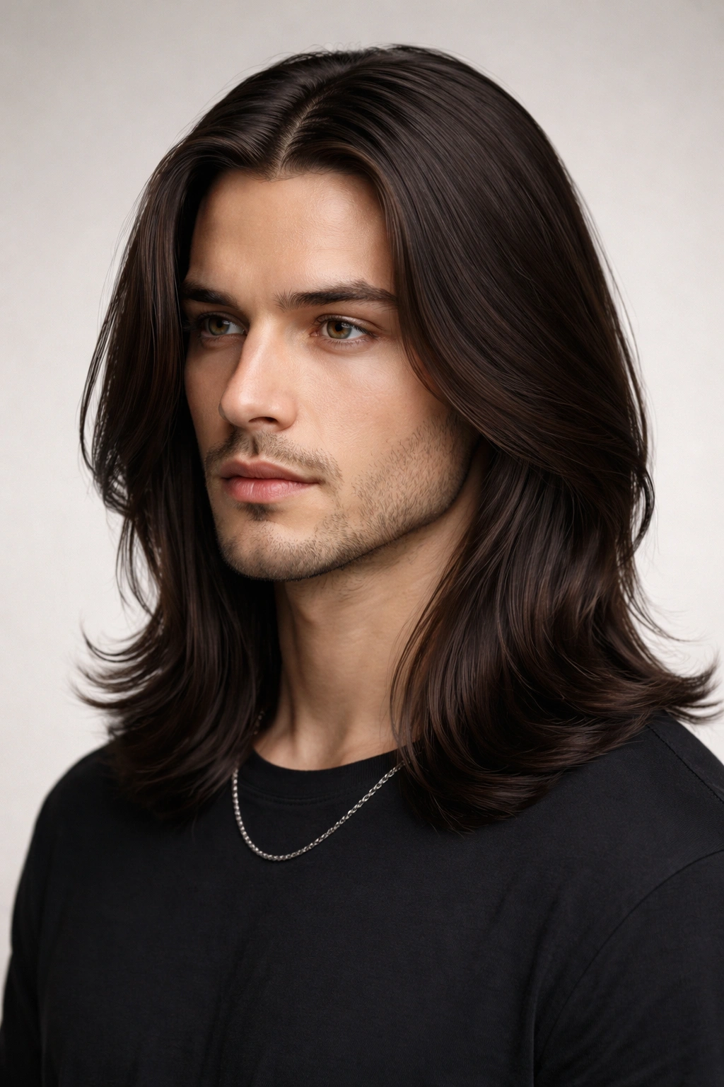 Close-up of long hair with a center part and flowing sides